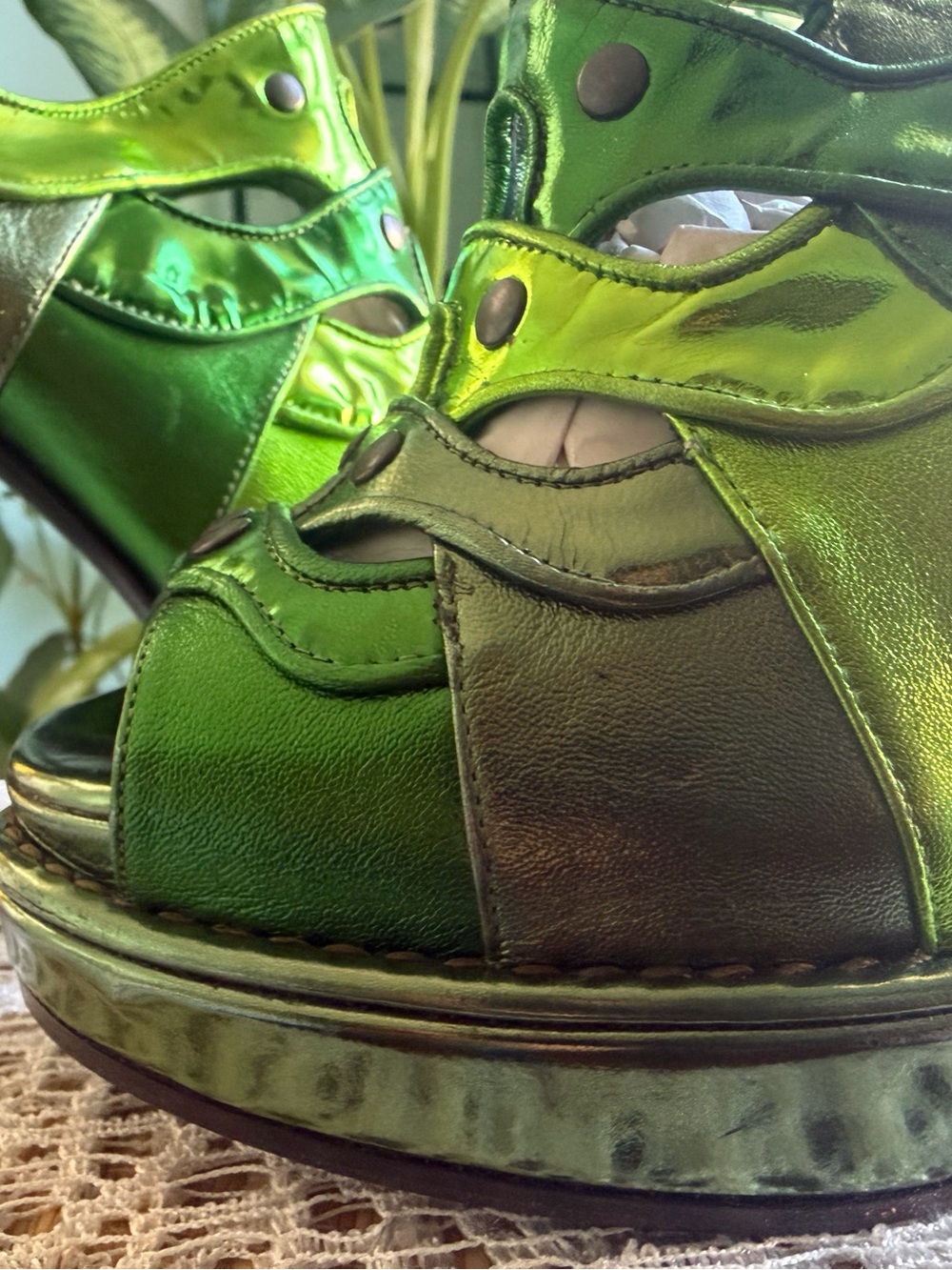 Bottega Veneta Metallic Green Leather Strappy Platform Heels - Picture 6 of 7